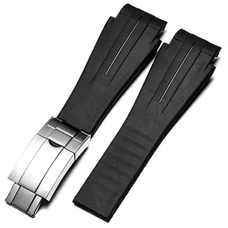 21mm Black Rubber Watchbands Silicone Strap Deployment Clasp Folding Buckle Fits For Rolex Yacht Master Oysterflex
