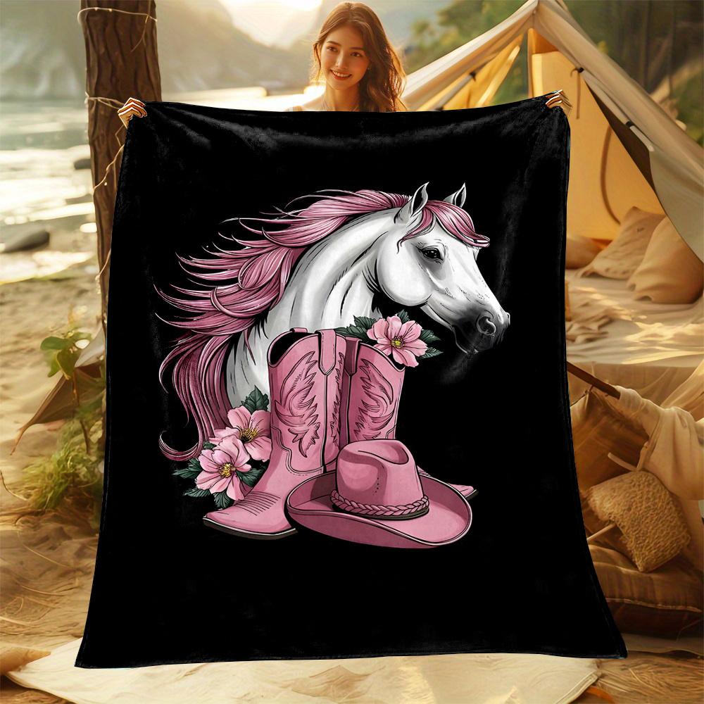 Reversible Cartoon Horse Head Throw Blanket with Cowboy Hat and High Heels - Contemporary Style, All-Season, Non-Woven Polyester
