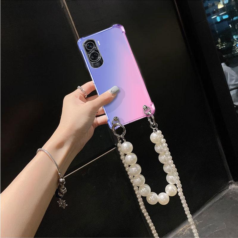 Прозрачный чехол с градиентом для Honor 90 Pro 80 70 60 50 40 30 20 Pro Plus Ultra Crossbody, жемчужный ремешок, ожерелье, браслет, противоударный прозрачный мягкий чехол