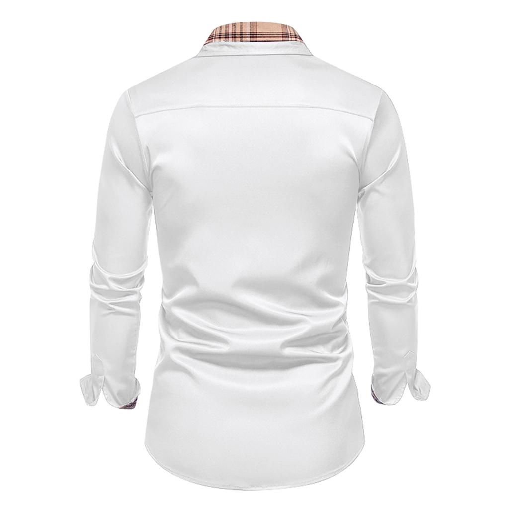 Мужская осенняя рубашка свободного покроя с длинным рукавом в клетку с цветными блоками на пуговицах