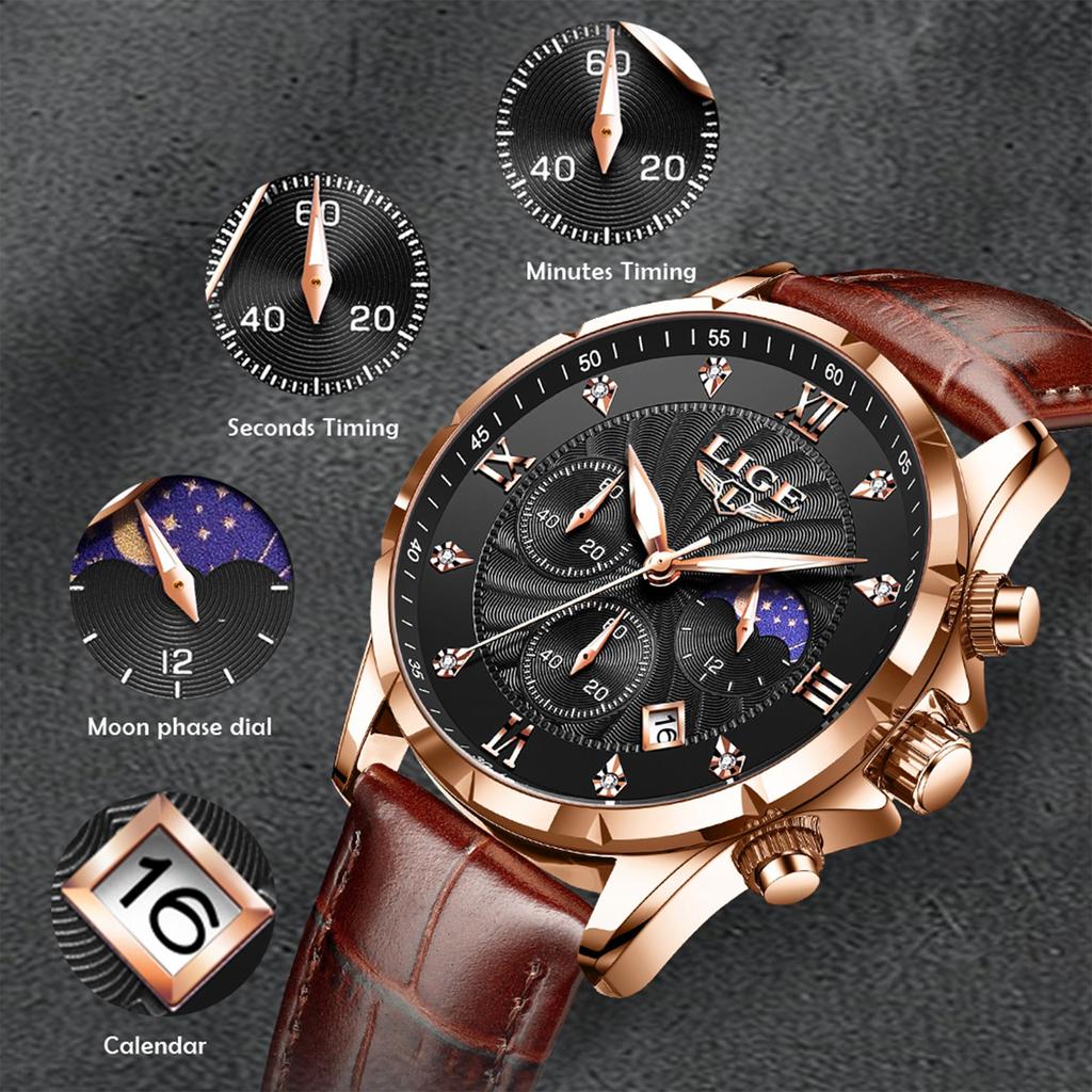 LIGE Men Watch Fashion Casual Luminous Waterproof Chronograph Leather Strap Quartz Watch