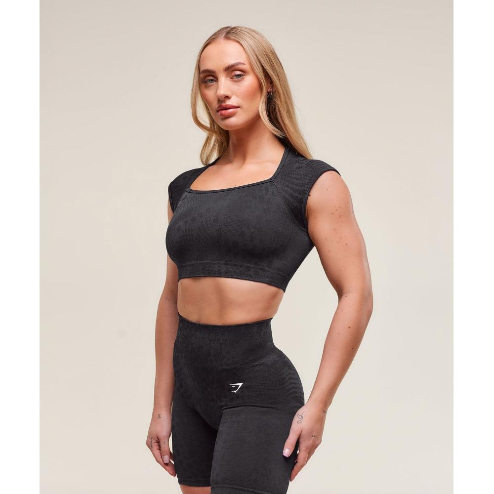 Gymshark Бесшовный укороченный топ Adapt X Whitney Animal Black Asphalt Grey B3b2h Bc3c
