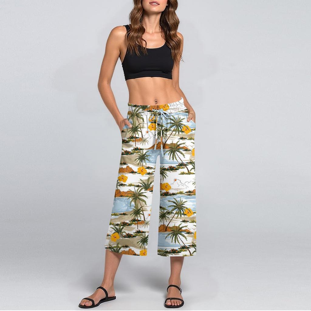 Женские летние повседневные спортивные брюки с высокой талией и принтом, укороченные брюки свободного покроя