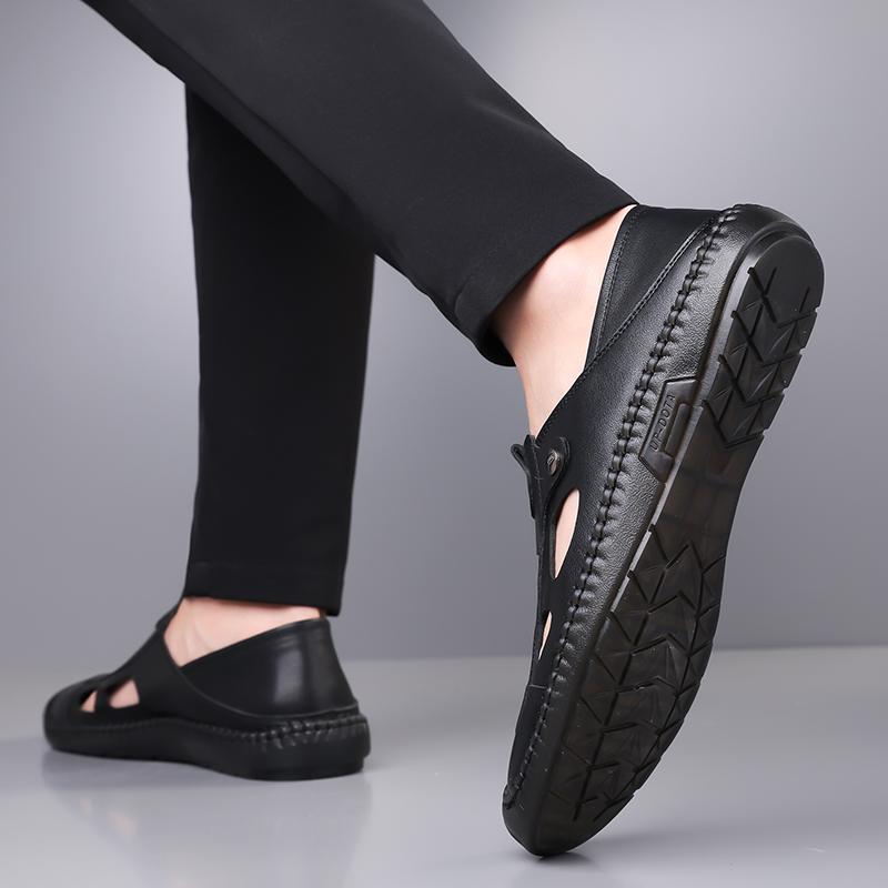 Fashion Breathable Handmade Hollow Out Leather Men Loafers Shoes Slip On Leather Outdoor Men Flats Sandals Daily Commute Casual Sandals