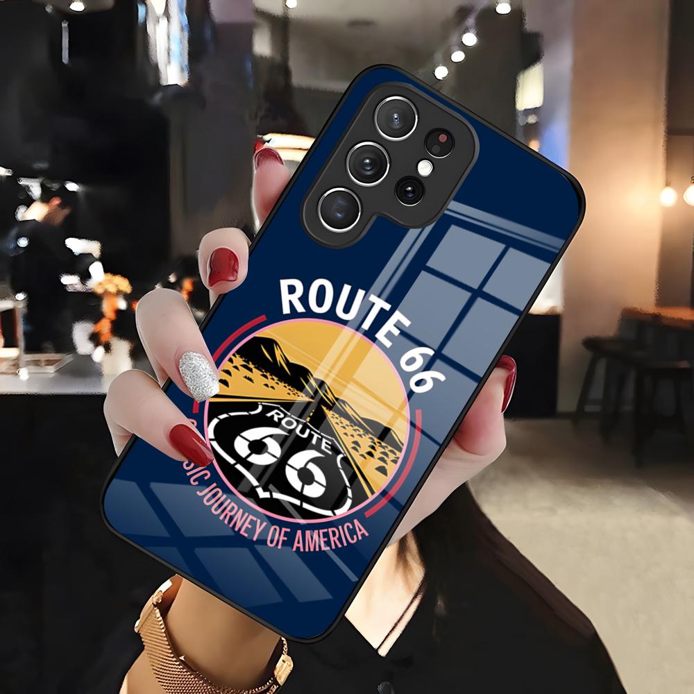 Чехол для телефона Route 66 US Highway для Samsung S26 S25 Edge Ultra 24 23 22 21 Ultra Plus Fe A55 56 15 4G 5G Стеклянная крышка