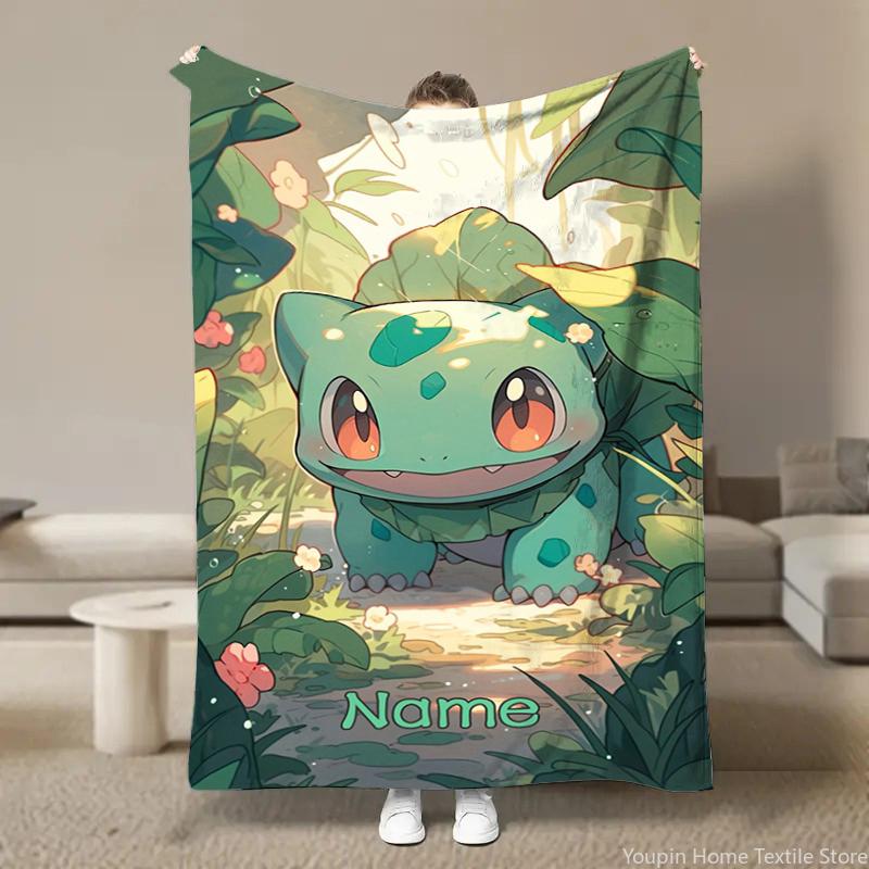 Custom Name Personalized Blanket Pokémon Bulbasaur Print Blanket Children Adult Blankets Soft Warm  Sofa Travel Blanket for Bed
