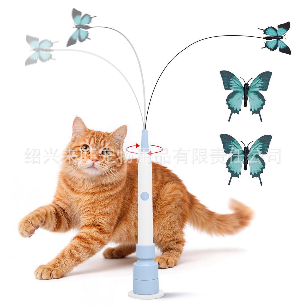 80cm Long Flexible Electric Butterfly Cat Wand, Auto Rotating Cat Teaser Toy, Boredom Relief Interactive Cat Play Toy