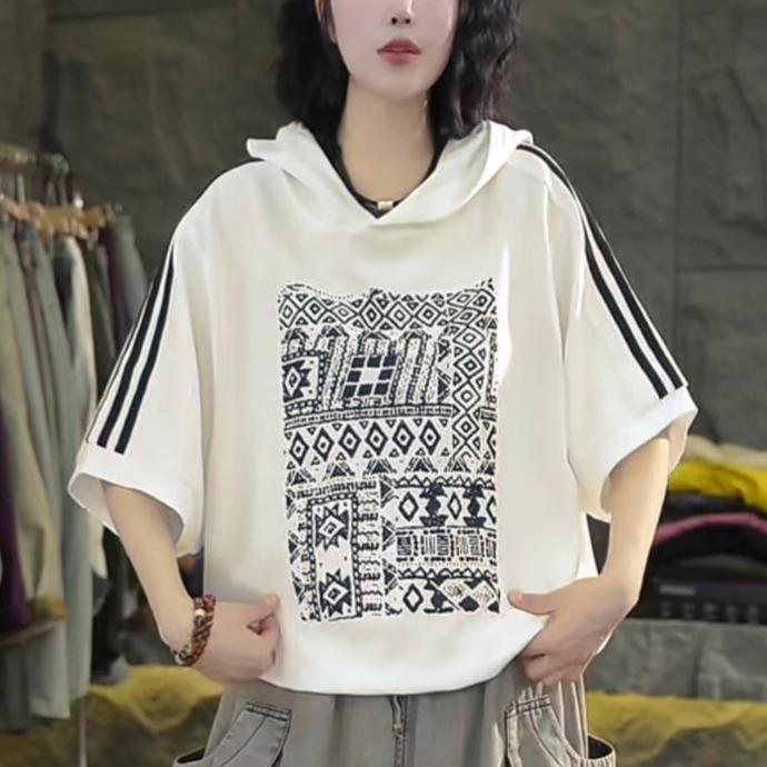 Dimanaf 2025 Летняя полосатая толстовка с капюшоном, хлопковая футболка для женщин, с принтом в виде букв и полос, короткий рукав, свободный, белый, черный