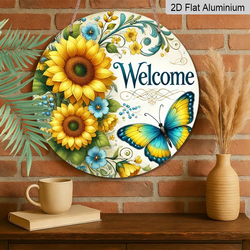 2D Flat 1pc, 8x8 in Vintage Sunflower & Butterfly Round Aluminum Metal Sign – Rustic Welcome Design for Home, Garden, Cafe, and Farmhouse Decor