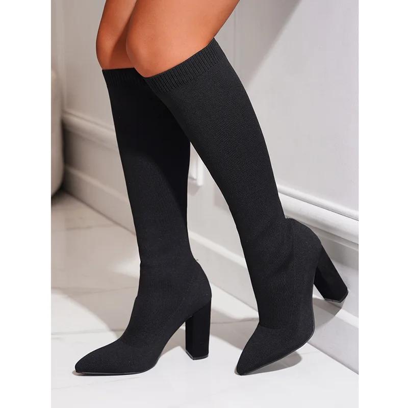 Women 10.5cm High Heels Stretch Knee Sock Boots Autumn Winter Brown Pointed Toe Sexy Slim Knitted Lady Shoes Women Boots