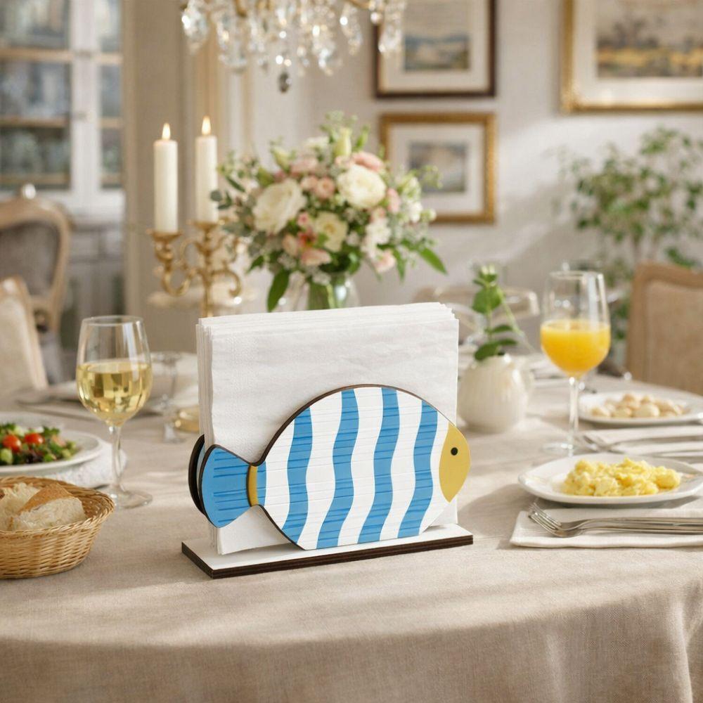 Summer Ocean Ocean Theme Wooden Napkin Holder Decorative Fish Shaped Tissue Box Large Capacity Tissue Holder Restaurant