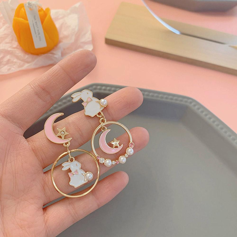 Sweet Personality Girl Moon Korean Asymmetric Earrings Rabbit Drop Earrings Anti Allergy Enamel