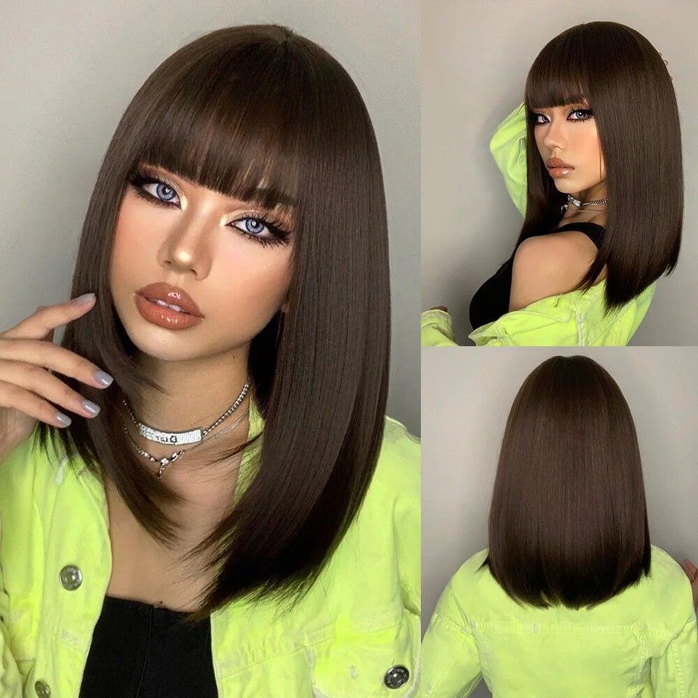 Purple Pink Ombre Black Short Straight Synthetic Wigs with Bangs Bob Wig for Women Daily Cosplay Party Heat Resistant Fake Hairs