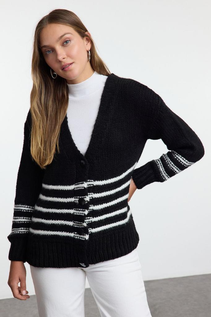 Women's Elegance Style Cardigan Black Soft Textured Striped Knitwear Cardigan