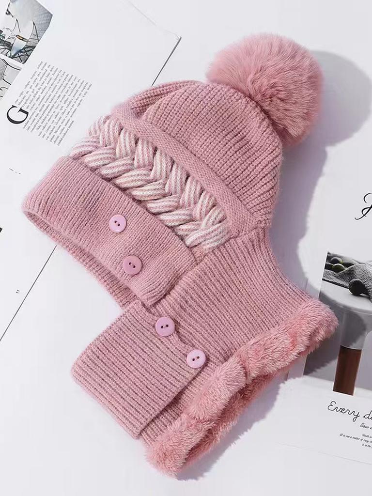 Hat, Scarf, One-Piece Set, Women'S Winter Knitted Hat, Velvet Warm Scarf, Winter Cold-Proof Ear Protection Wool Hat