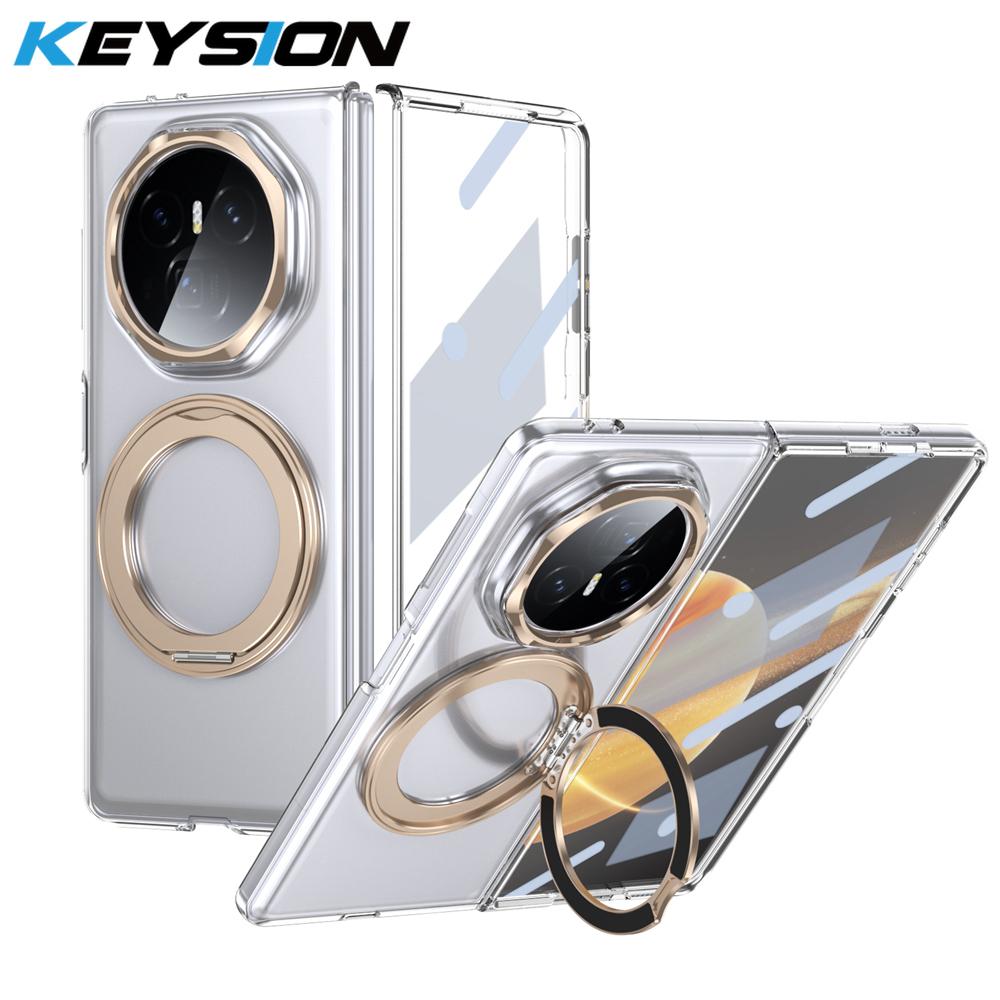 KEYSION Вращающийся на 360° магнитный чехол-подставка с кольцом для HONOR Magic V3, прозрачный жесткий чехол для ПК-телефона со стеклянным защитным экраном
