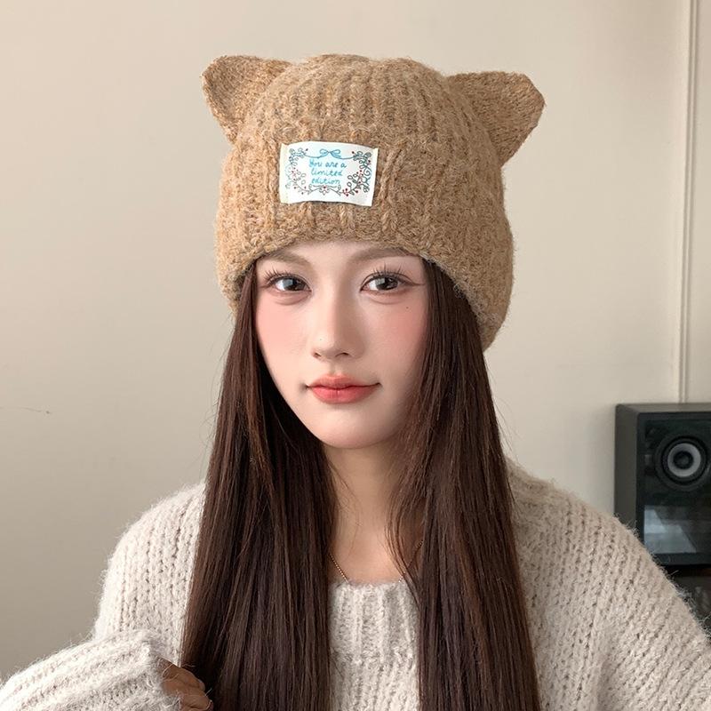 Cute cat ears wool hat women's winter thickened windproof pullover hat warm ear protection knitted hat