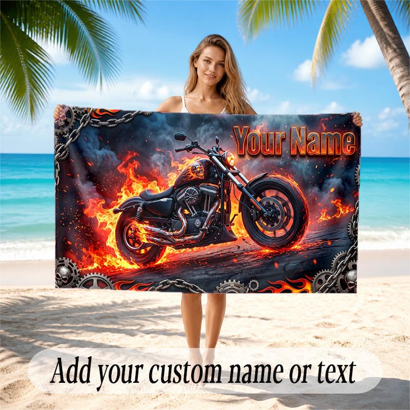 Motorcycle Biker Theme Quick Dry Beach Towel Custom Name Text Print Large Sand Resistant Towel Beach Vacation