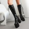 Сексуальные панк-сапоги до колена на платформе, готические черные зимние ботинки на высоком каблуке, кожаные, со шнуровкой, фетиш-туфли для стриптиза, женские, большого размера 45