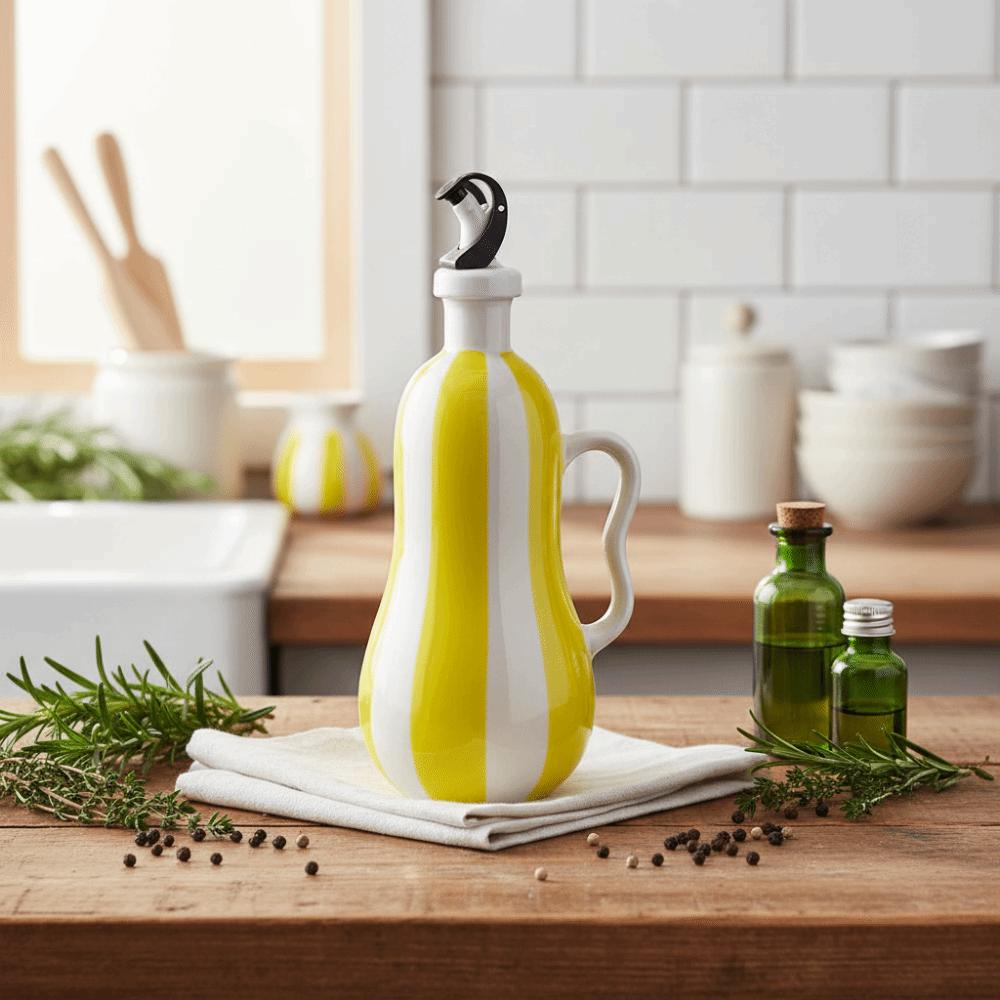 Striped Pattern Ceramic Oil Bottle Ergonomic Grip with Handle Olive Oil Dispenser Underglaze Embossed Household