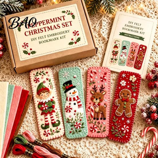 Retro Christmas Pattern Ornaments DIY Felt Embroidery Bookmark Kit, Woodland Animal Pet Craft Beginner Friendly Sewing Crafts Holiday Themed