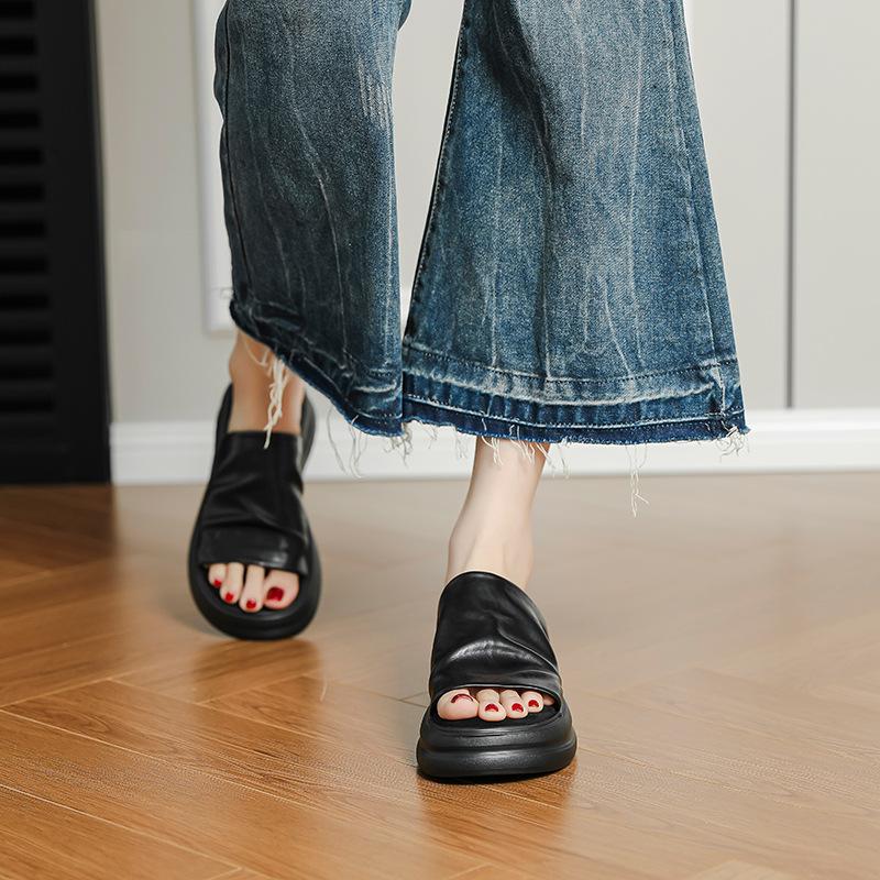 Pleated feeling~ versatile slippers women's thick-soled outer wear is comfortable and not tired, cool feet slippers women's retro open-toe one-wo