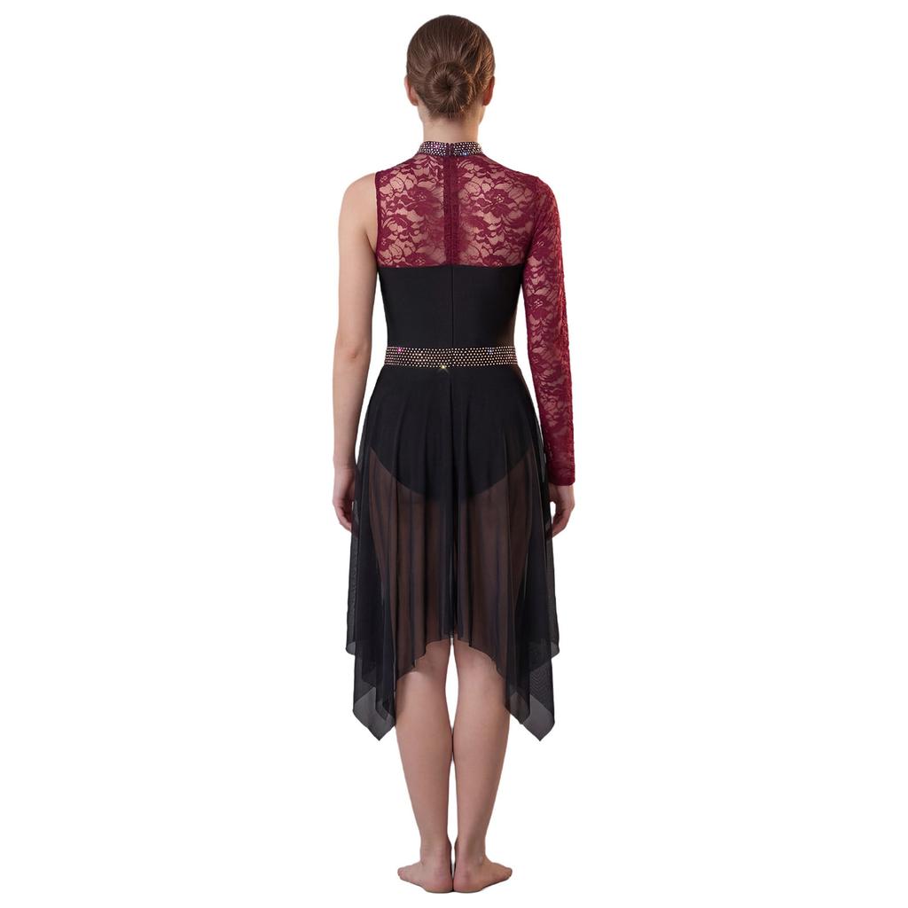 Women Modern Dance Costume Single Sleeve Dress Floral Lace Mesh Patchwork Rhinestone Classical Ballet Dance Outfit Lyrical Dress
