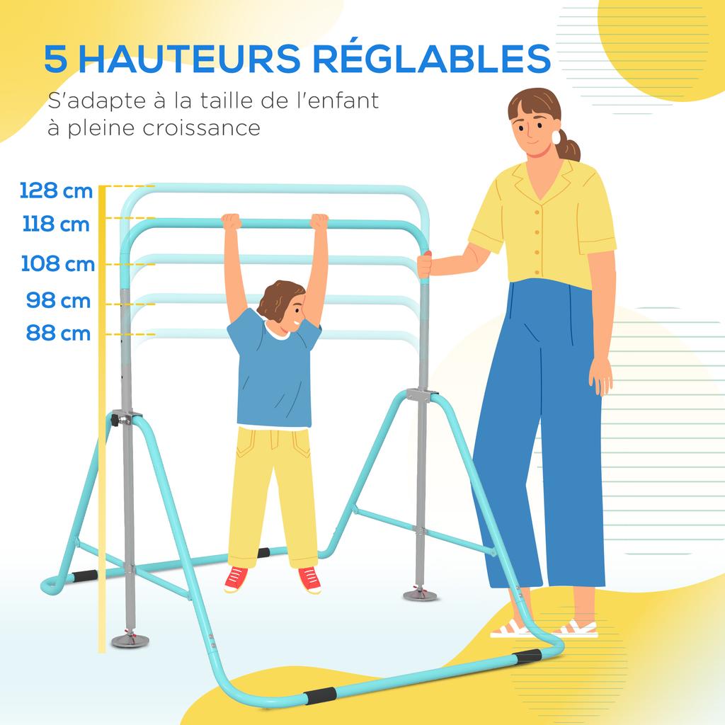 Kids Gymnastic Bar, with Adjustable Height, Foldable Horizontal Bars - Light Blue
