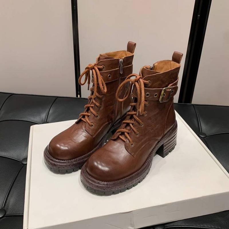 Осень и зима кожаные женские ботинки Мартин универсальная резиновая платформа овчина большой размер женские ботинки на шнуровке квадратный носок низкие ботинки женские