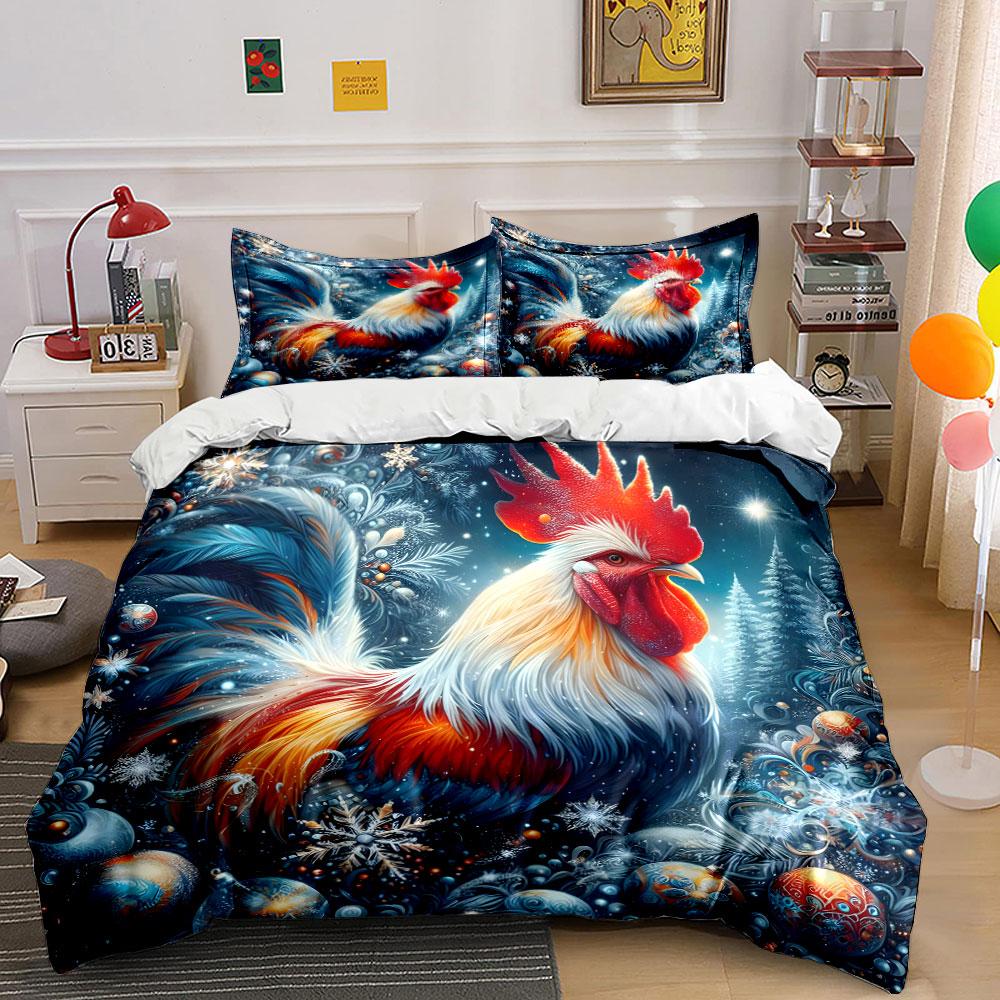 3Pcs Christmas Rooster Bedding Set, Festive Rooster with Snowflakes and Ornaments Print Duvet Cover + 2 Pillowcases,Decor gift