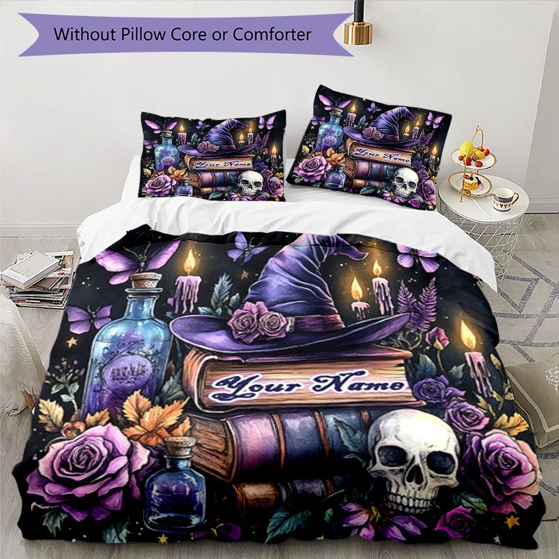 3pcs Custom Name Witchcraft Magic Bedding Set Printed Bedding Set Duvet Cover Closure Includes 1 Duvet Cover & 2 Pillowcases Bedroom Decor