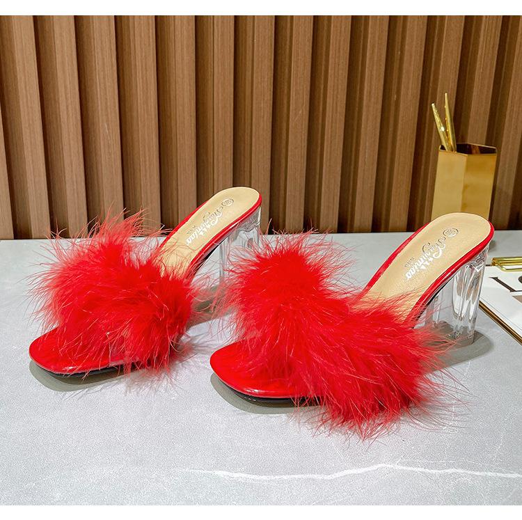 Women Clear Heels Sandals Fluffy Slippers Furry Slides for Women