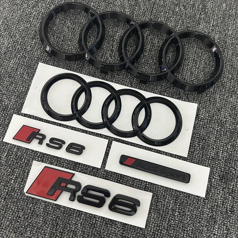 q2 RS6 RS5 2016-2020 ABS Black 4-Ring Logo Car Emblem Front Grill & Rear Trunk Badge Sticker q2 Sport 4-Ring Car Decal