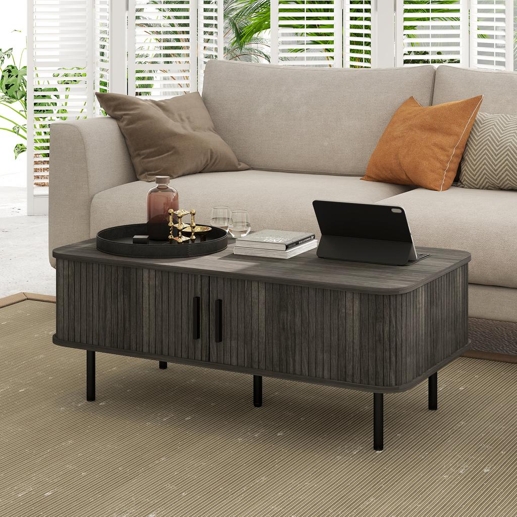 Coffee Table with Storage, Living Room Table with Slatted Tambour Sliding Doors and Foot Pads