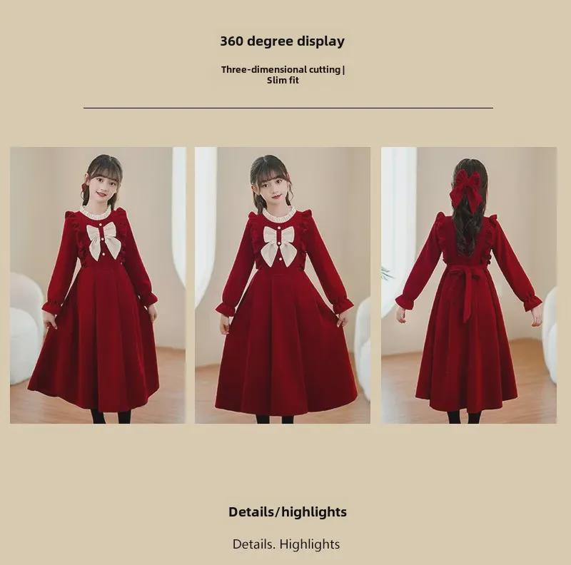 Стильное длинное платье принцессы красного цвета для маленьких девочек - коллекция зима и осень