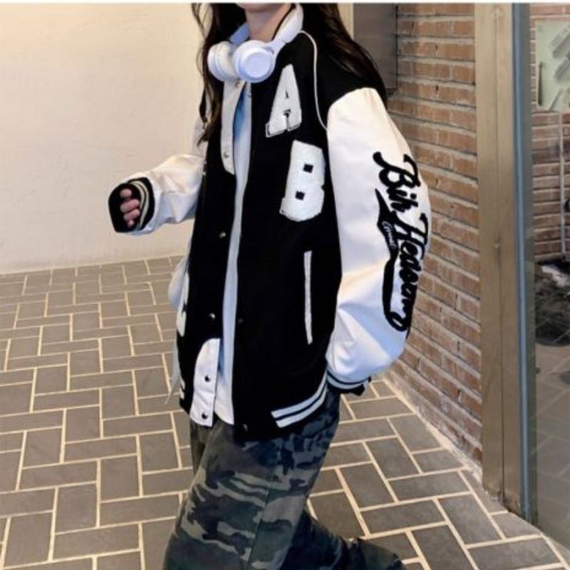 Vintage Bomber Jacket Women Harajuku Fashion College Uniform Varsity Baseball Jackets Female Oversized Streetwear Y2k