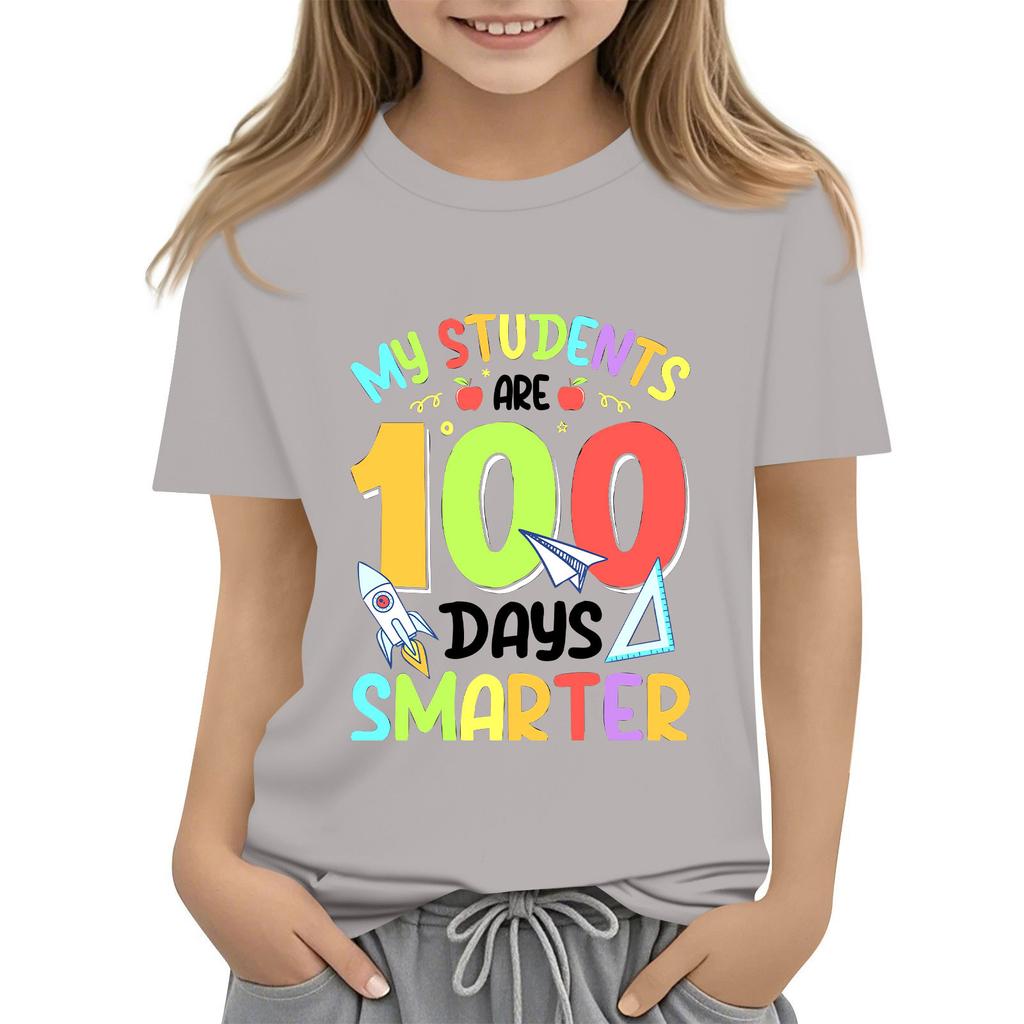 Kids Fashion Casual Short Sleeve 100 Day School Anniversary Printed Round Neck T-Shirt Top