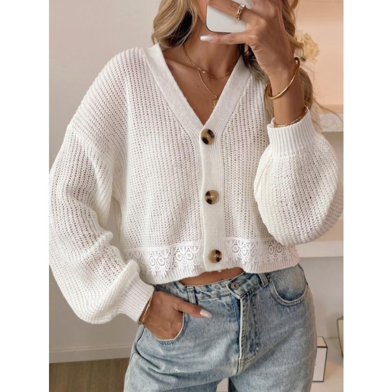 Women S Loose Fit Long Sleeve Lace Spliced Knit Cardigan