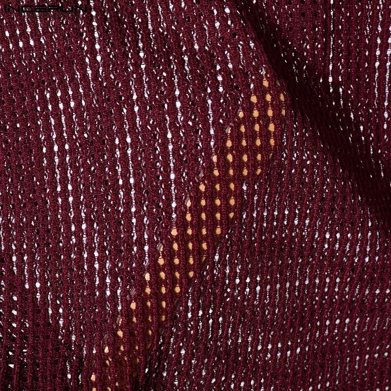 INCERUN Мужские топы с круглым вырезом без рукавов из сетчатой пряжи с ажурной отделкой, футболки