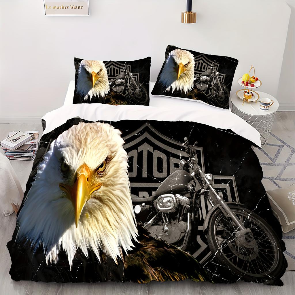 Novel Retro Duvet Cover Set Eagle Motorcycle Print Bedding Set Soft Comfortable Duvet Cover For Bedroom Guest Room+2*Pillowcase