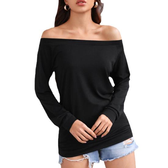 Women T-shirt Solid Color Off Shoulder Autumn Long Sleeve Slash Neck Strapless Pullover Streetwear
