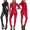 Women's Shiny Patent Leather Bodysuit Long Sleeve Zipper Slim Fit Catsuit Clubwear
