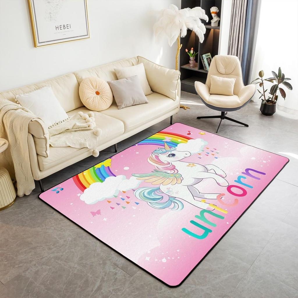 Unicorn Living Room Rugs 3x5 for Girls, Kawaii Rainbow Unicorn Area Rug for Bedroom, Kids Galaxy Stars Carpet Non Slip, White Horse Floral I