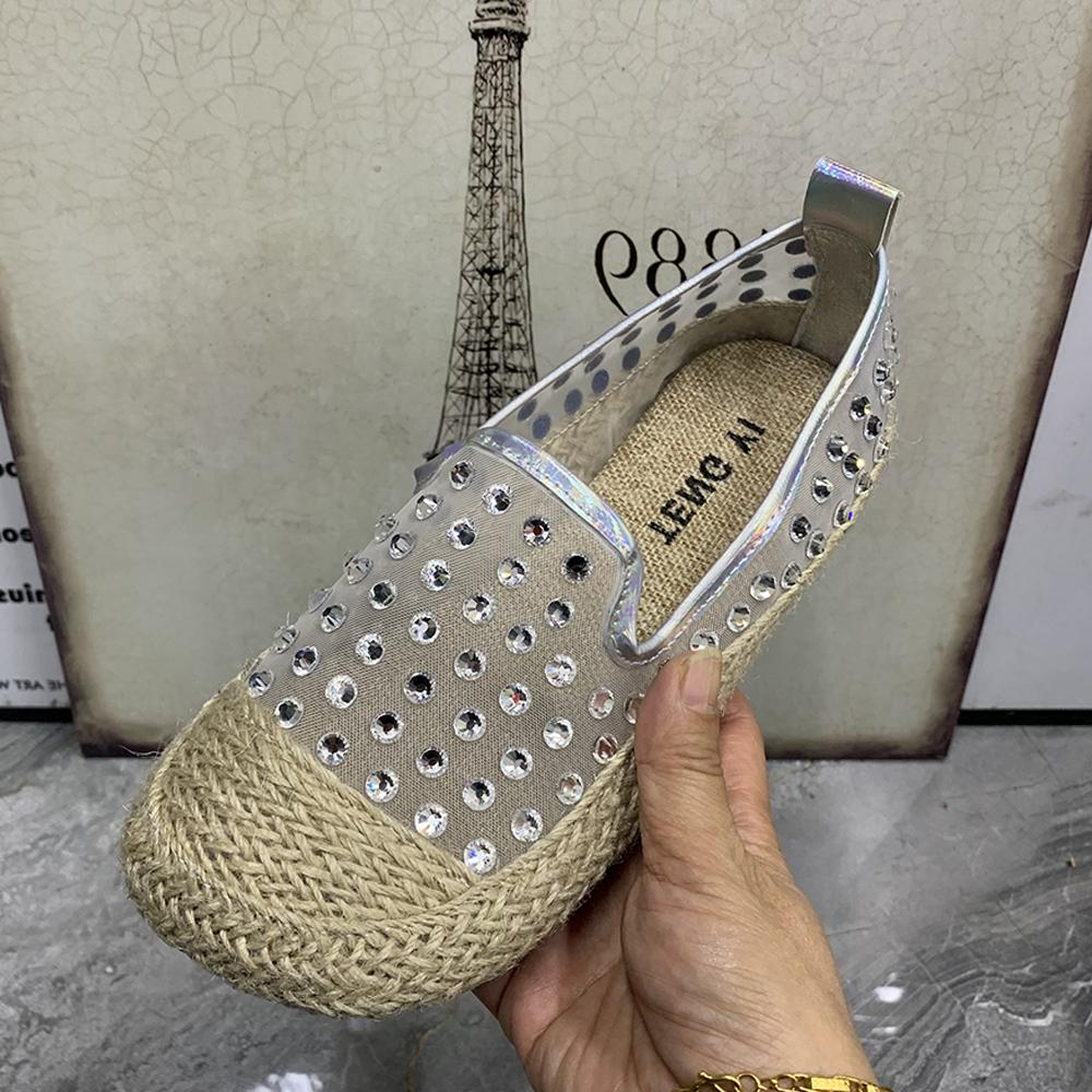 Модная женская обувь на плоской подошве Большого размера Сетчатые лоферы с горным хрусталем Женские лоферы Дизайнерские Летние женские туфли Повседневные женские сандалии