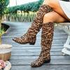 Women'S Leopard Print Mid-Calf Boots - Slip-On Chunky Heel Round Toe Cover Knee-High Boots for Spring Animal Print Design, Comfortable Fabric Lining