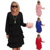 Women Dress Solid Color Multi Layered Cake Dress Round Neck Long Sleeve Mini Dress Vacation Club Wear