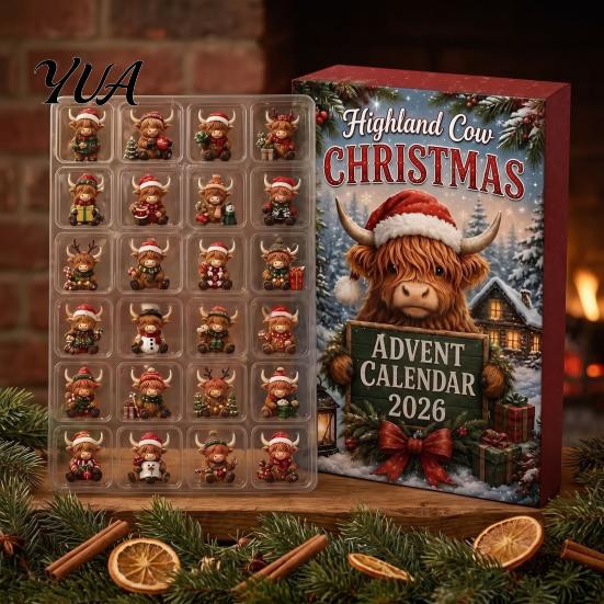 Holiday Party Game Toys 2026 Highland Cow Christmas Advent Calendar, 24-Day Acrylic Countdown Ornament Set with Eve Box Mini Figures, Tree