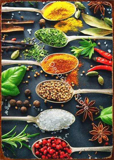 Kitchen Themed Wall Art Decor Colorful Spice and Spoon In Table Metal Tin Sign Food Cooking Ingredients Metal Art Print Decor