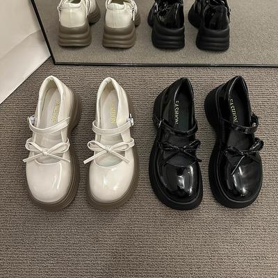 2024 Новые летние универсальные туфли с бантом, маленькие кожаные туфли с круглым носком в стиле ретро-академии, толстая подошва, маленькие кожаные туфли для женщин