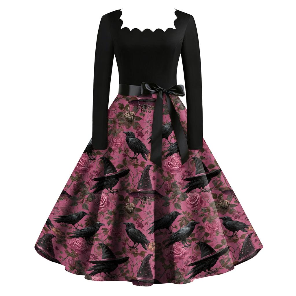 Women's Vintage Long Sleeve Square Neck Dress Halloween Skeleton Print Party Dress Retro Style Full Skirt with Waist Tie Belt